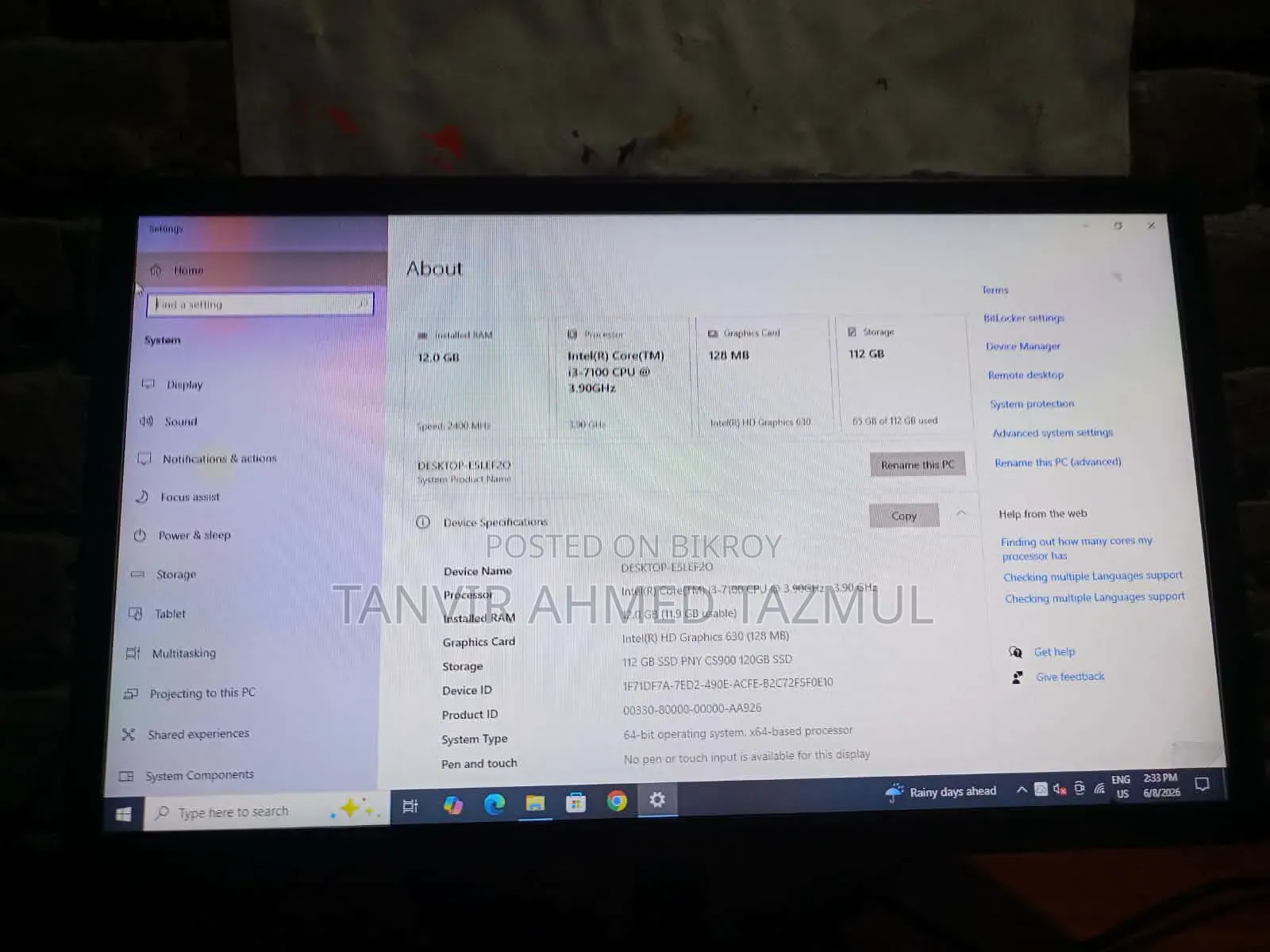 Desktop Computer 12GB Intel Core i3 SSD 128GB