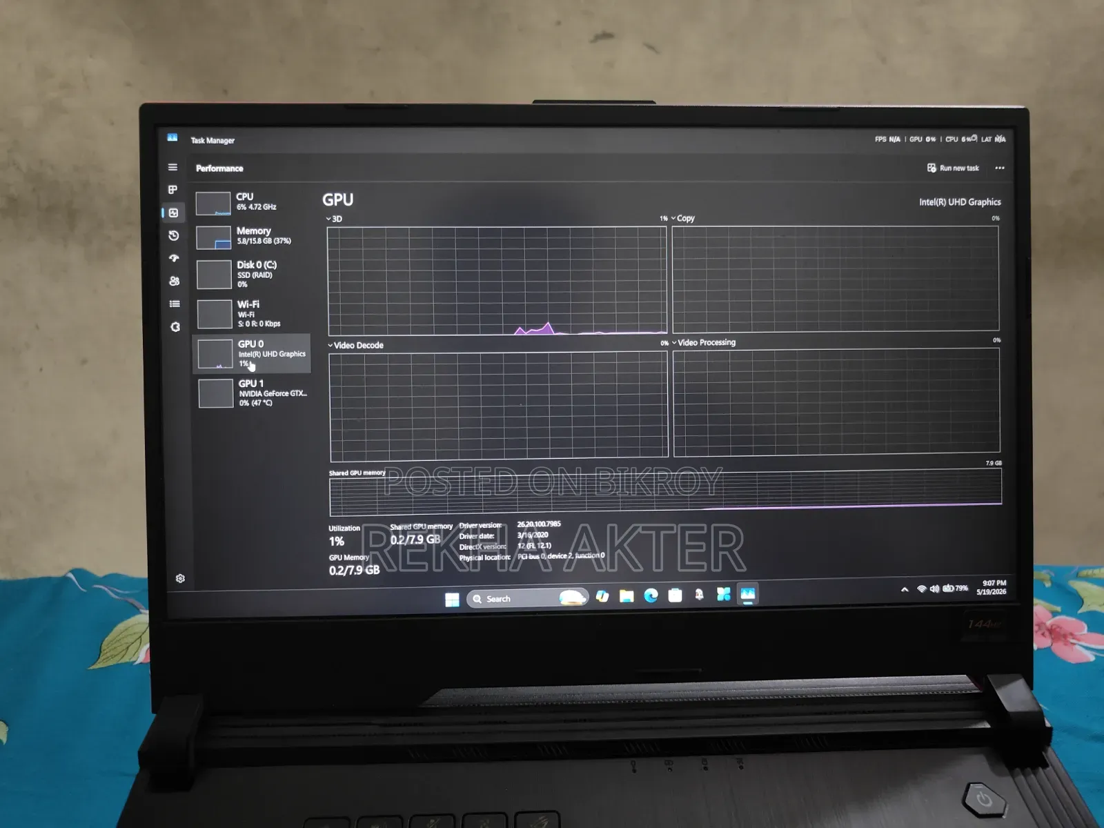 Laptop Asus ROG Strix G15 G512 16GB Intel Core I7 SSD 256GB