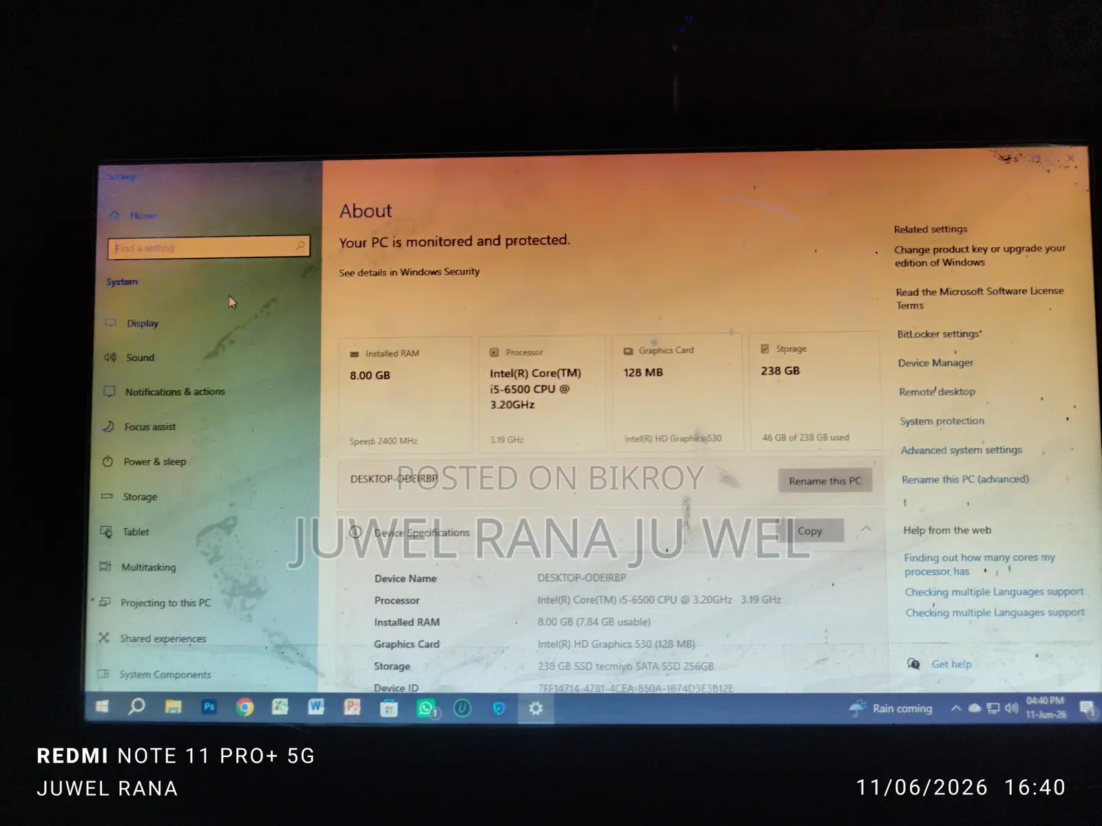 Desktop Computer 8GB Intel Core I5 SSD 256GB