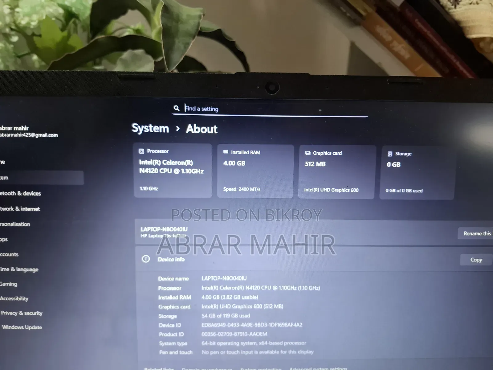 Laptop HP 15s 4GB Intel Celeron HDD 128GB