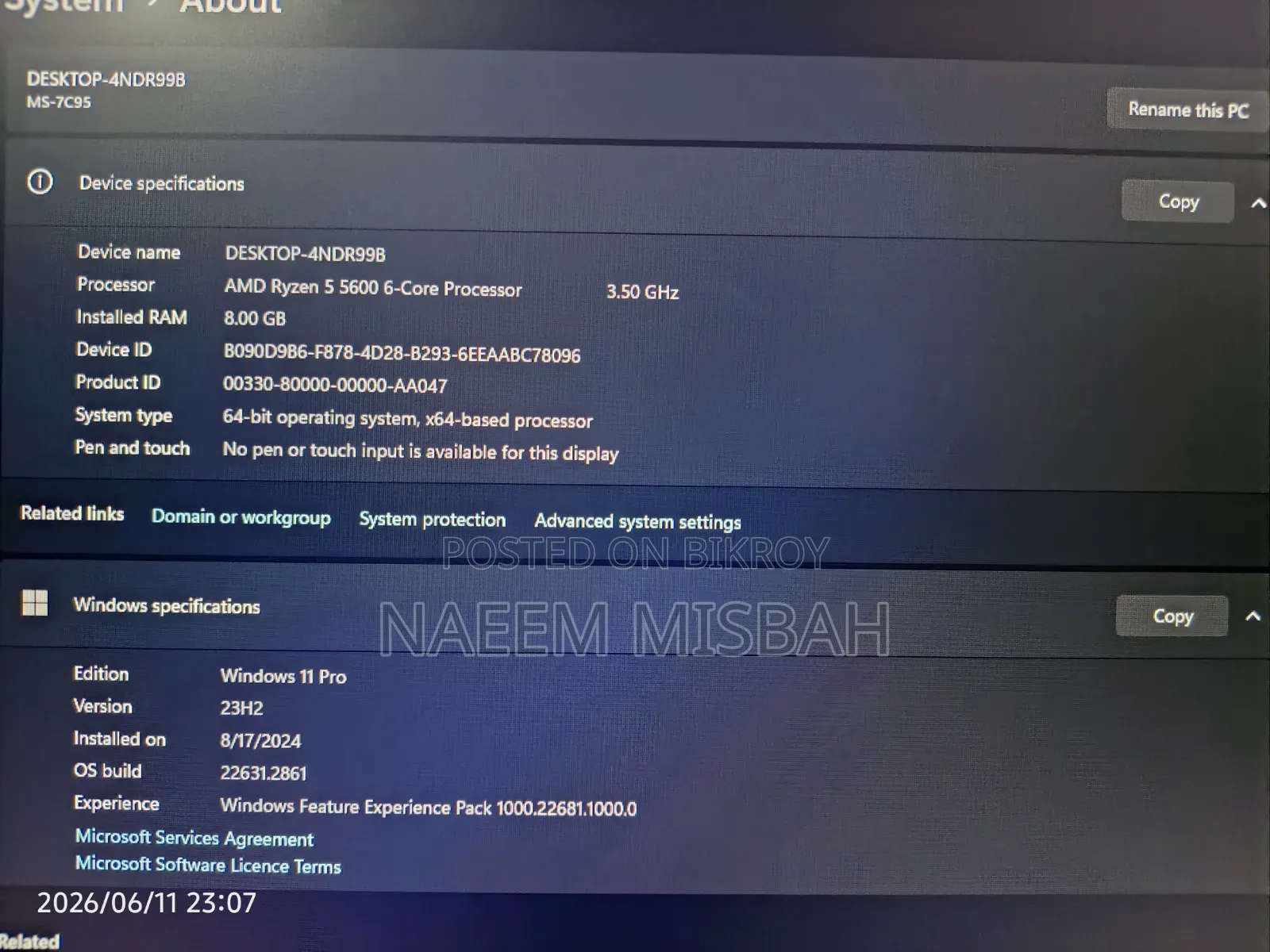 Desktop Computer MSI Model 8GB AMD Ryzen 5 SSHD (Hybrid) 256GB