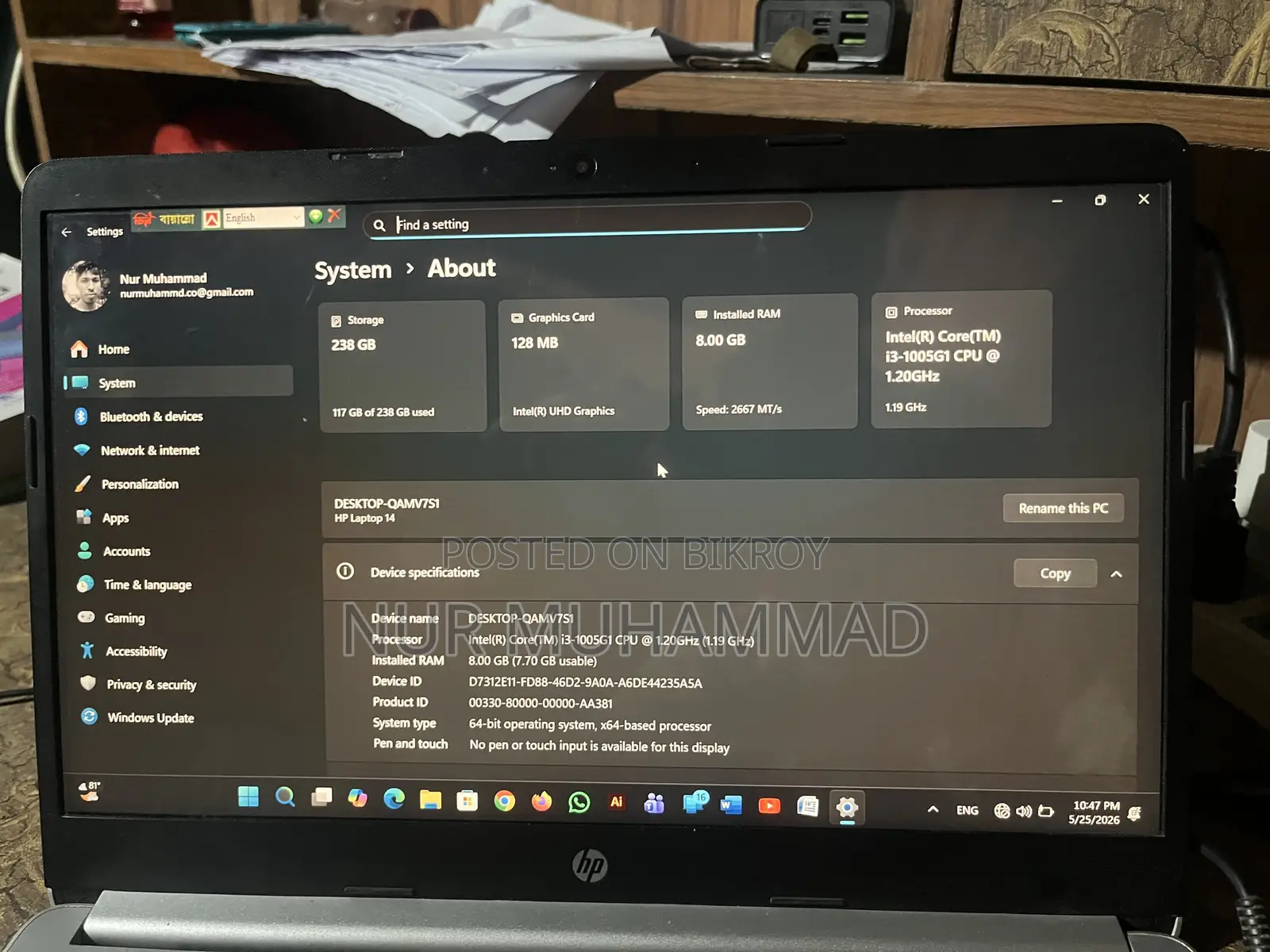 Laptop HP 14S 8GB Intel Core I3 SSD 256GB