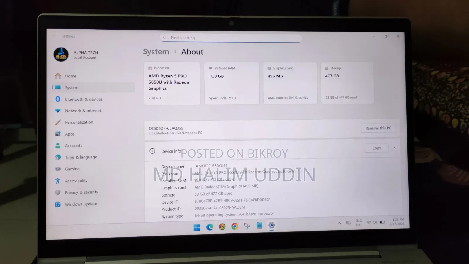 Laptop HP EliteBook 845 G8 16GB SSD 512GB