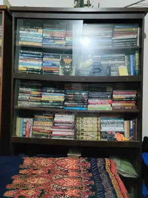 Large Wooden Bookshelf With Glass Doors
