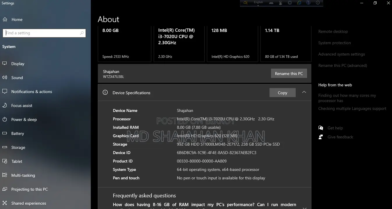 Laptop 8GB Intel Core I3 1TB HDD+SSD