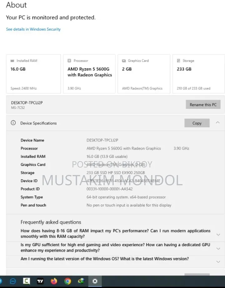 Desktop Computer 16GB AMD Ryzen 5 SSD 256GB
