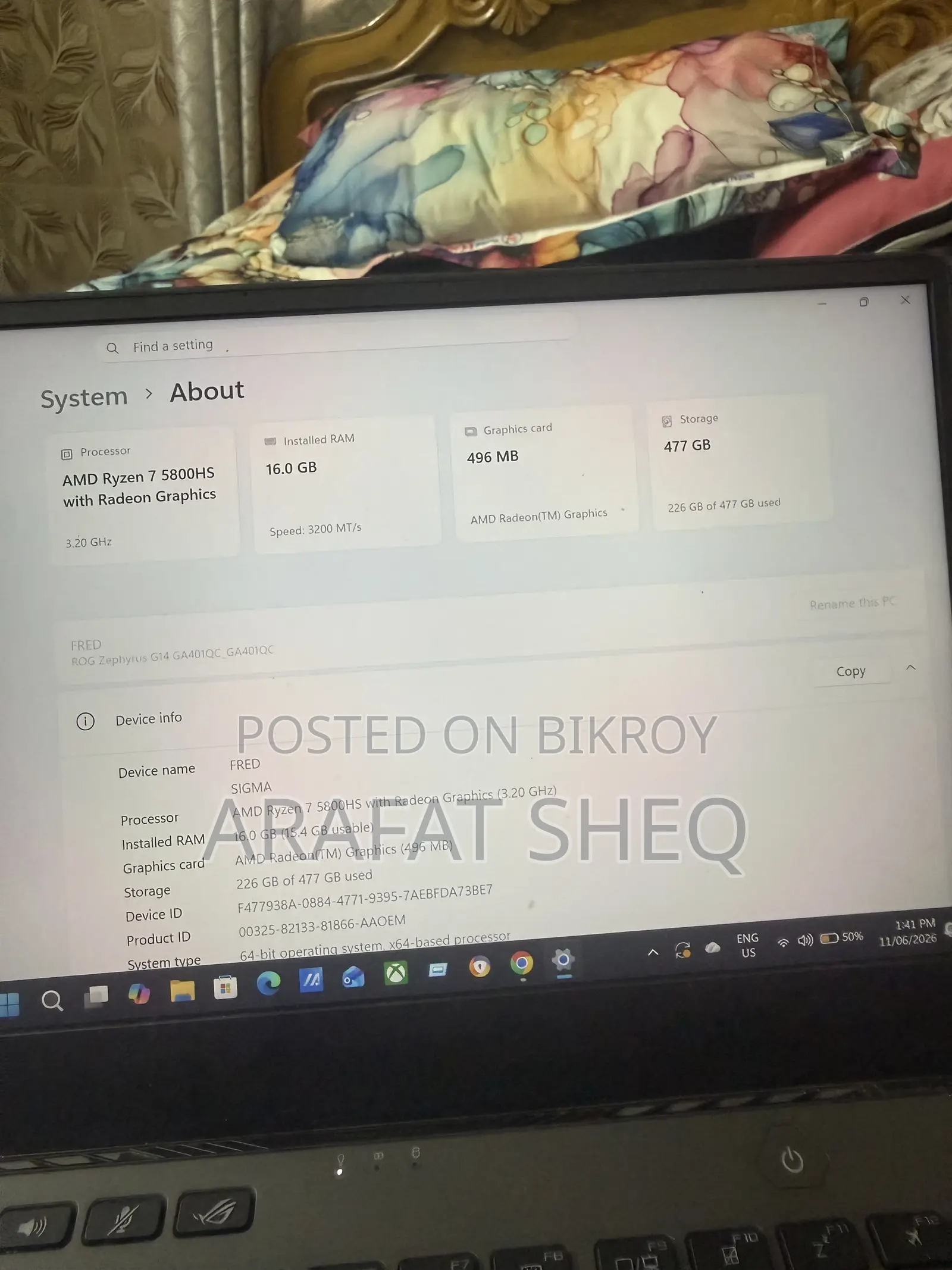ল্যাপটপ আসুস আরওজি জেফাইরাস জি১৪ ১৬জিবি এএমডি রাইজেন ৭ ইএমএমসি ৫১২জিবি