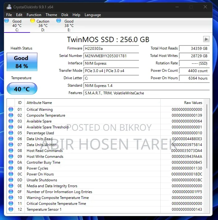 Twinmos Nvme M.2 SSD ২৫৬জিবি (Pcie ৩.০ X৪)