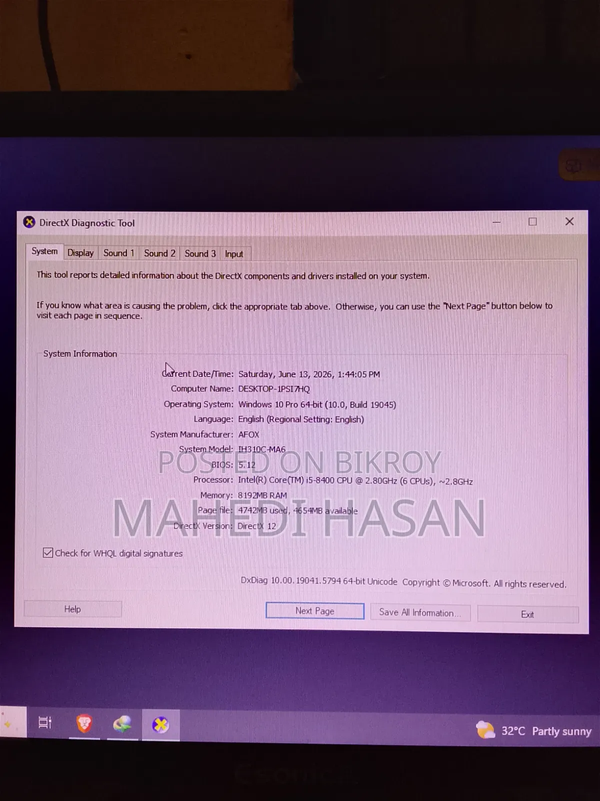 Desktop Computer 8GB Intel Core I5 HDD+SSD 1T