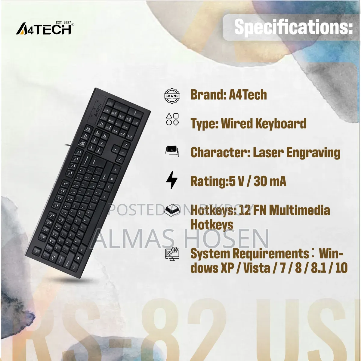 A4tech KRS-82 Black Wired Multimedia (Fn Hotkeys) Keyboard With Bangla