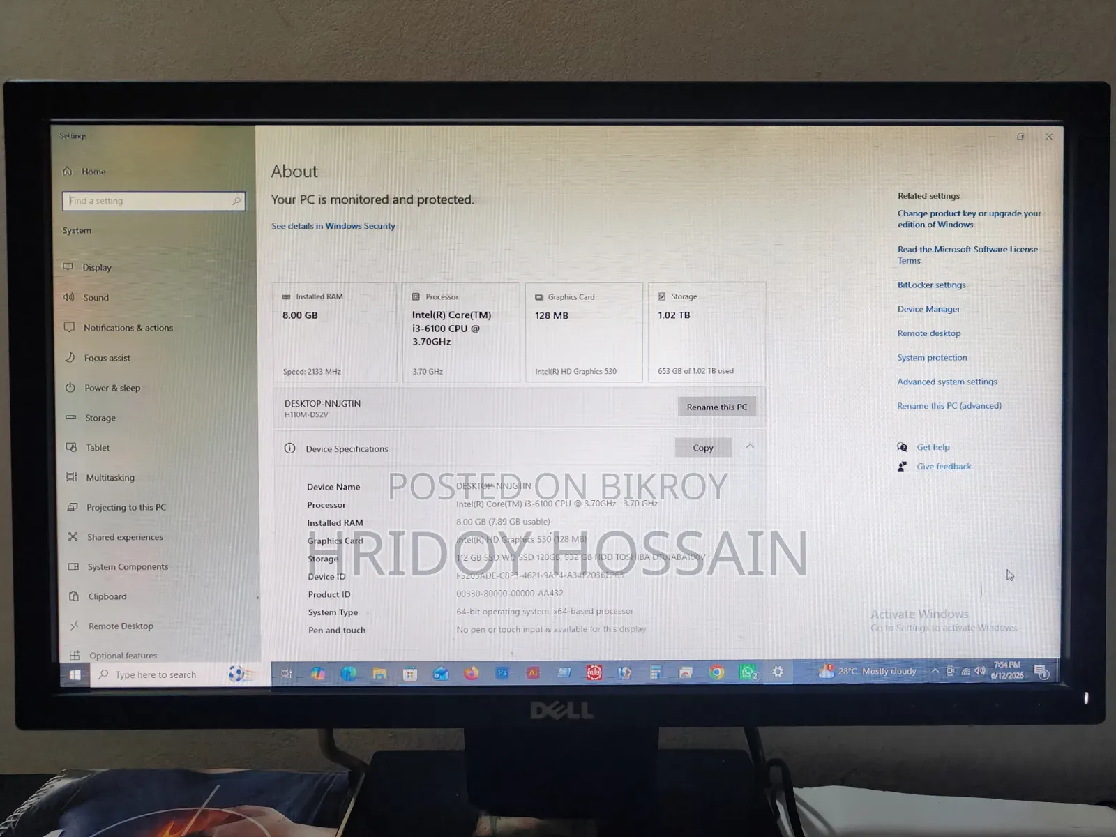 Desktop Computer 8GB Intel Core i3 HDD+SSD 1TB