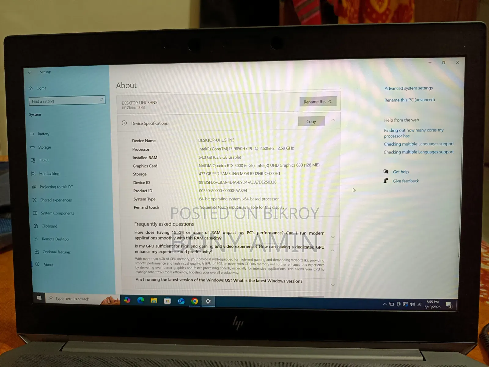 Laptop HP ZBook 15 G6 64GB Intel Core I7 SSD 512GB