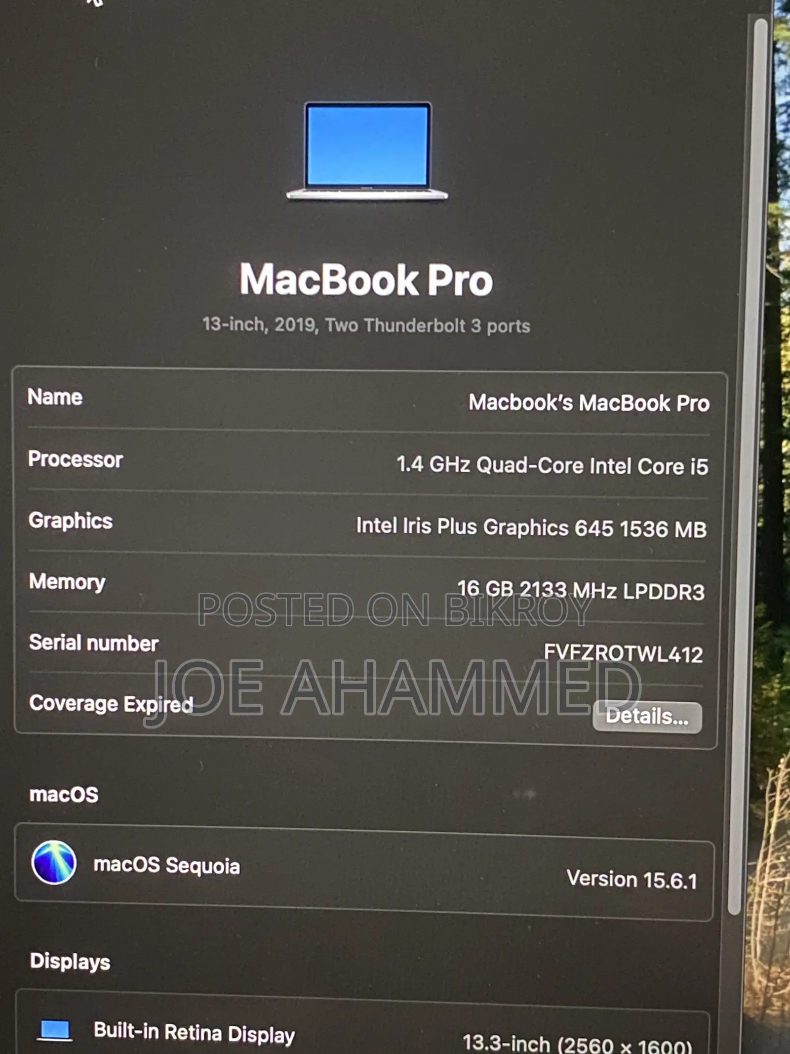 Laptop Apple MacBook Pro 2019 16GB Intel Core i5 SSD 256GB