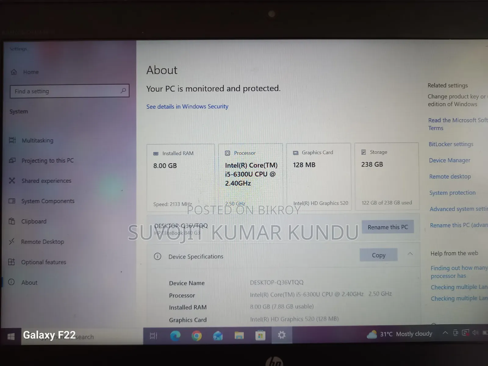Laptop HP EliteBook 840 G3 8GB Intel Core I5 SSD 256GB