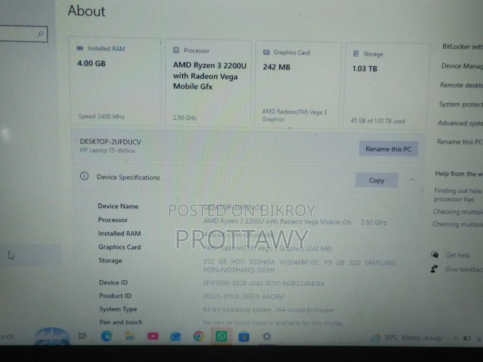 Laptop HP 4GB AMD Ryzen 3 HDD+SSD 1TB