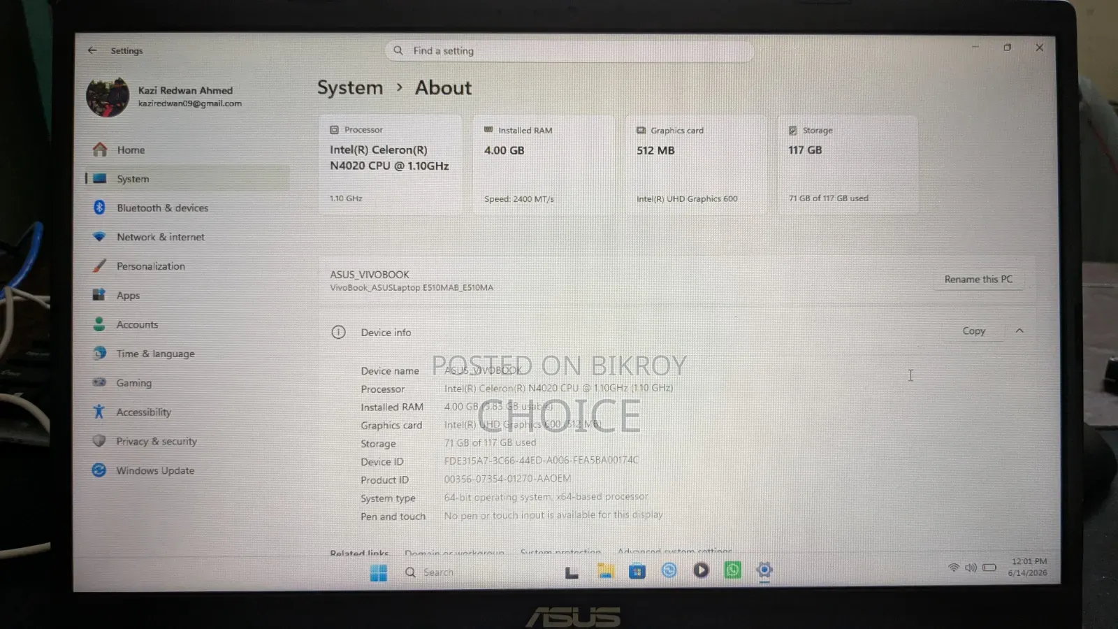Laptop Asus 4GB SSD 128GB