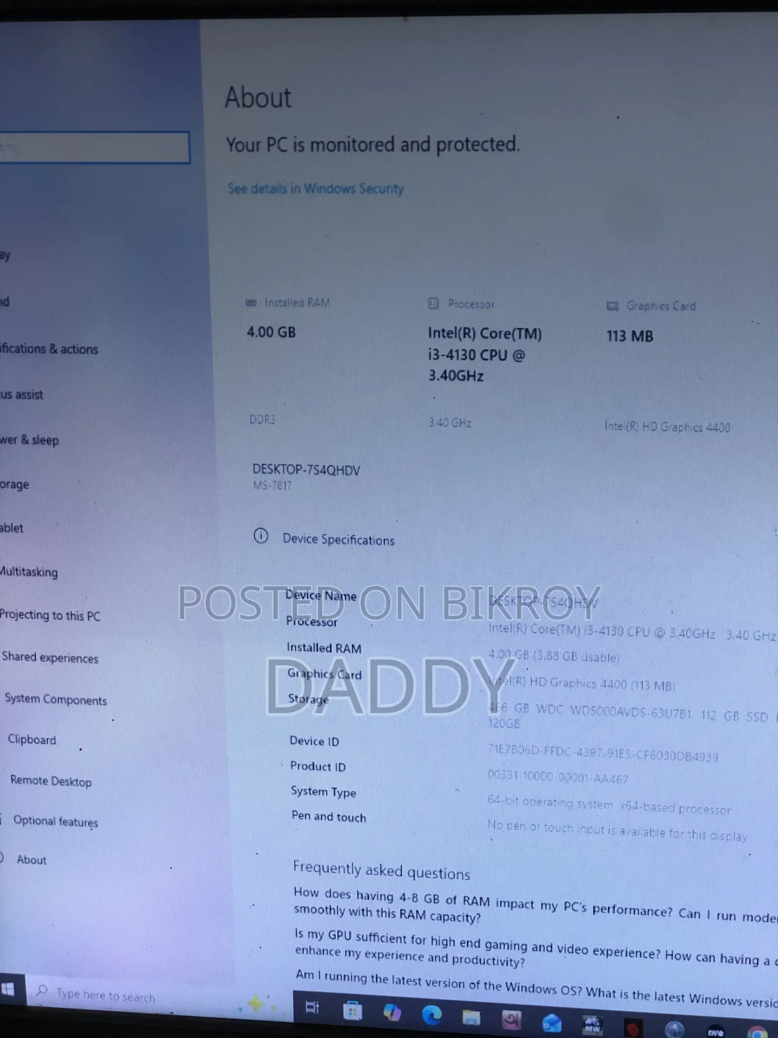 Desktop Computer MSI Model 4GB Intel Core I3 SSD 128GB
