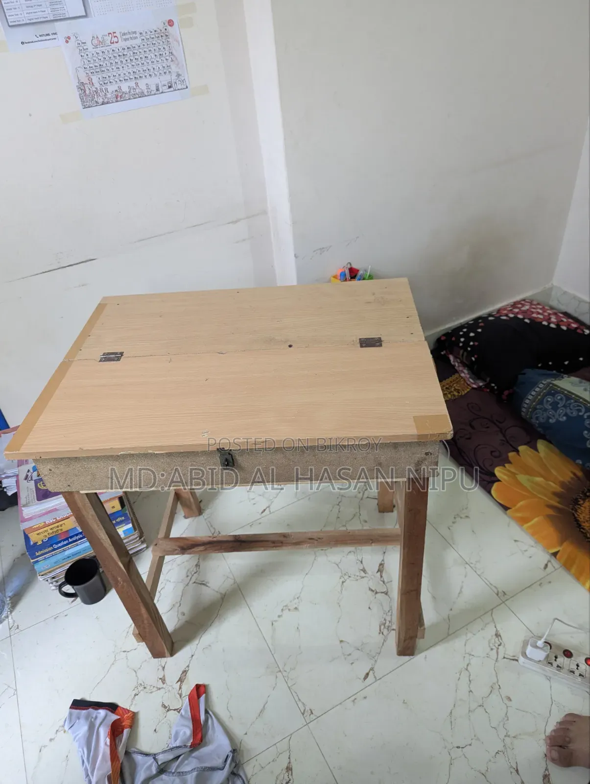Study table, mattress, and pillow
