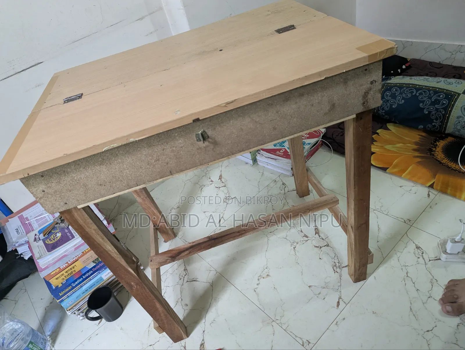 Study table, mattress, and pillow
