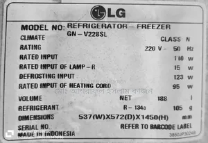 Lg Model: Gn-V228sl Type: Top Freezer Doors: 2 Capacity: 188 L (Net)