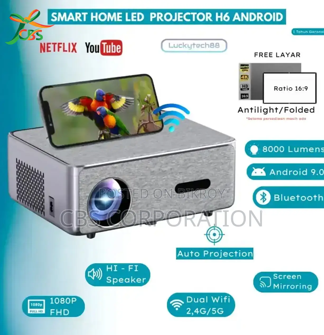 8k H6 Android Full Hd 1080p Android 9.0 Wifi Bluetooth Projector