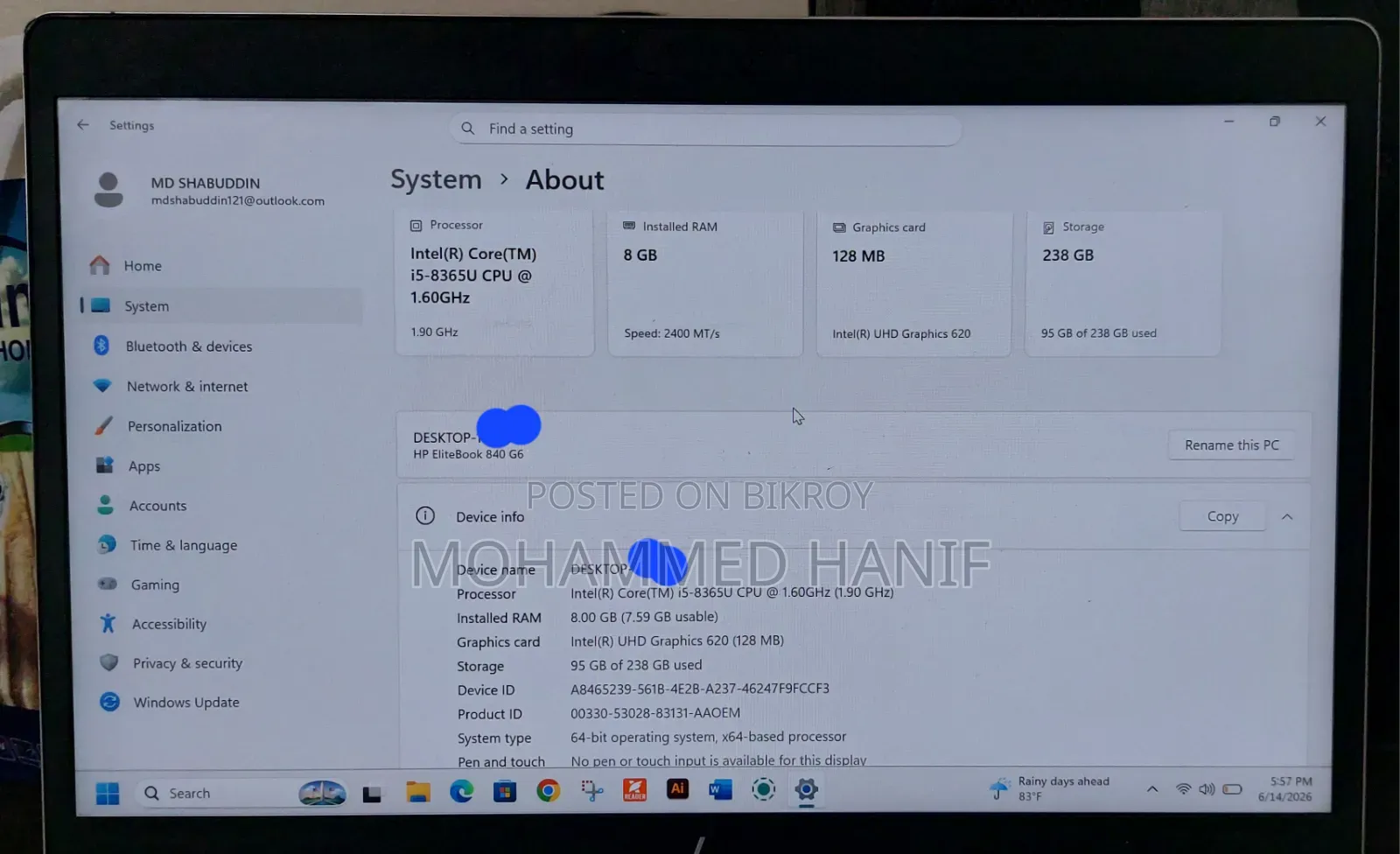 Laptop HP EliteBook 840 G6 8GB Intel Core I5 SSD 256GB