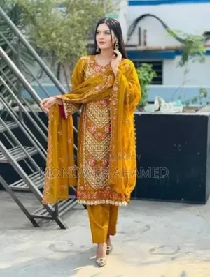 Indian Soft Wetless Fabrics, With Embroidery Work Yellow Colour