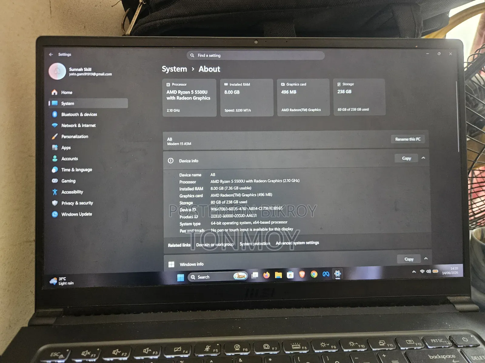 Laptop MSI Modern 14 8GB AMD Ryzen 5 SSD 256GB