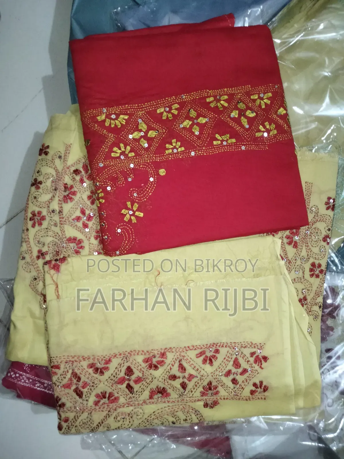 Attractive handmade cotton three-piece in red-yellow combination