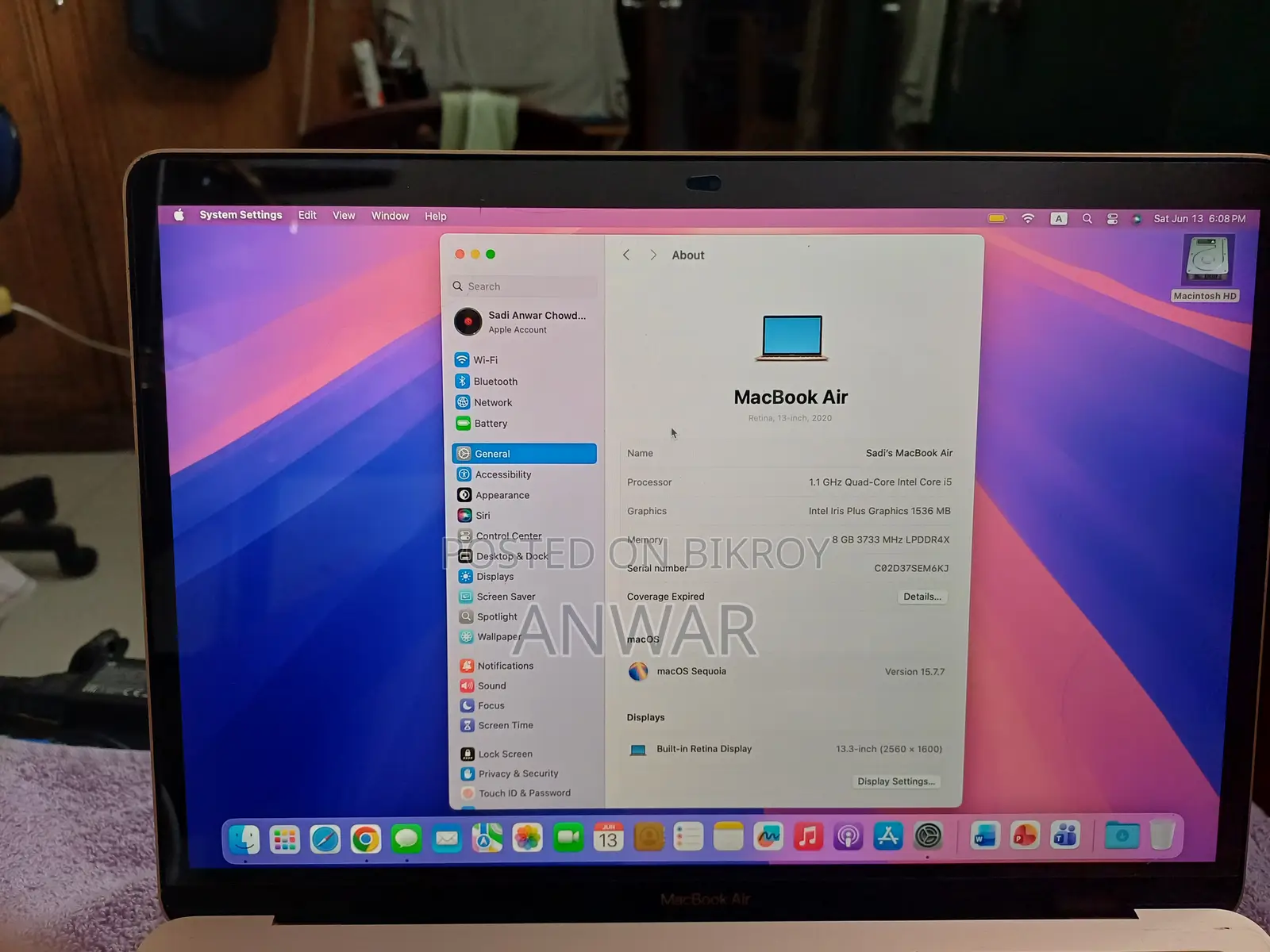 Laptop Apple MacBook Air 8GB Intel Core i5 SSD 512GB
