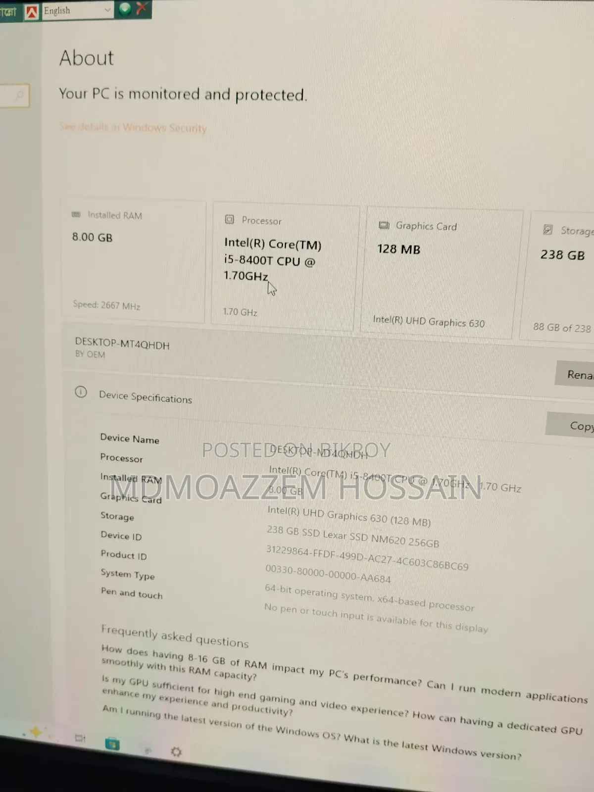 Desktop Computer 8GB Intel Core i5 SSD 256GB