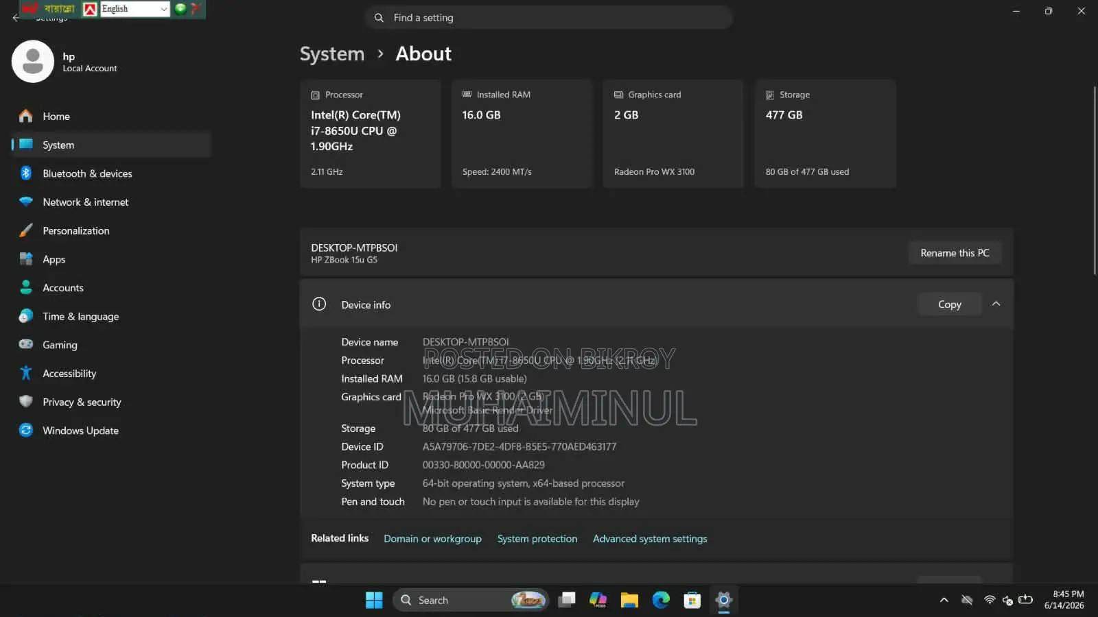 Laptop HP ZBook 15u G5 16GB Intel Core i7 SSD 512GB