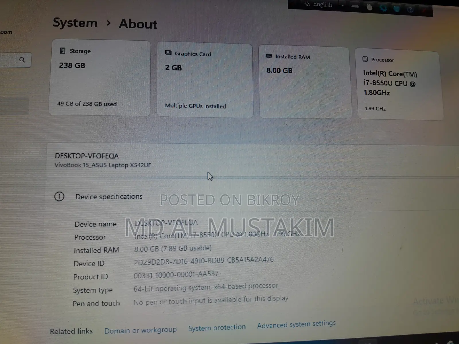 Laptop Asus 1015E 8GB Intel Core i7 SSD 256GB