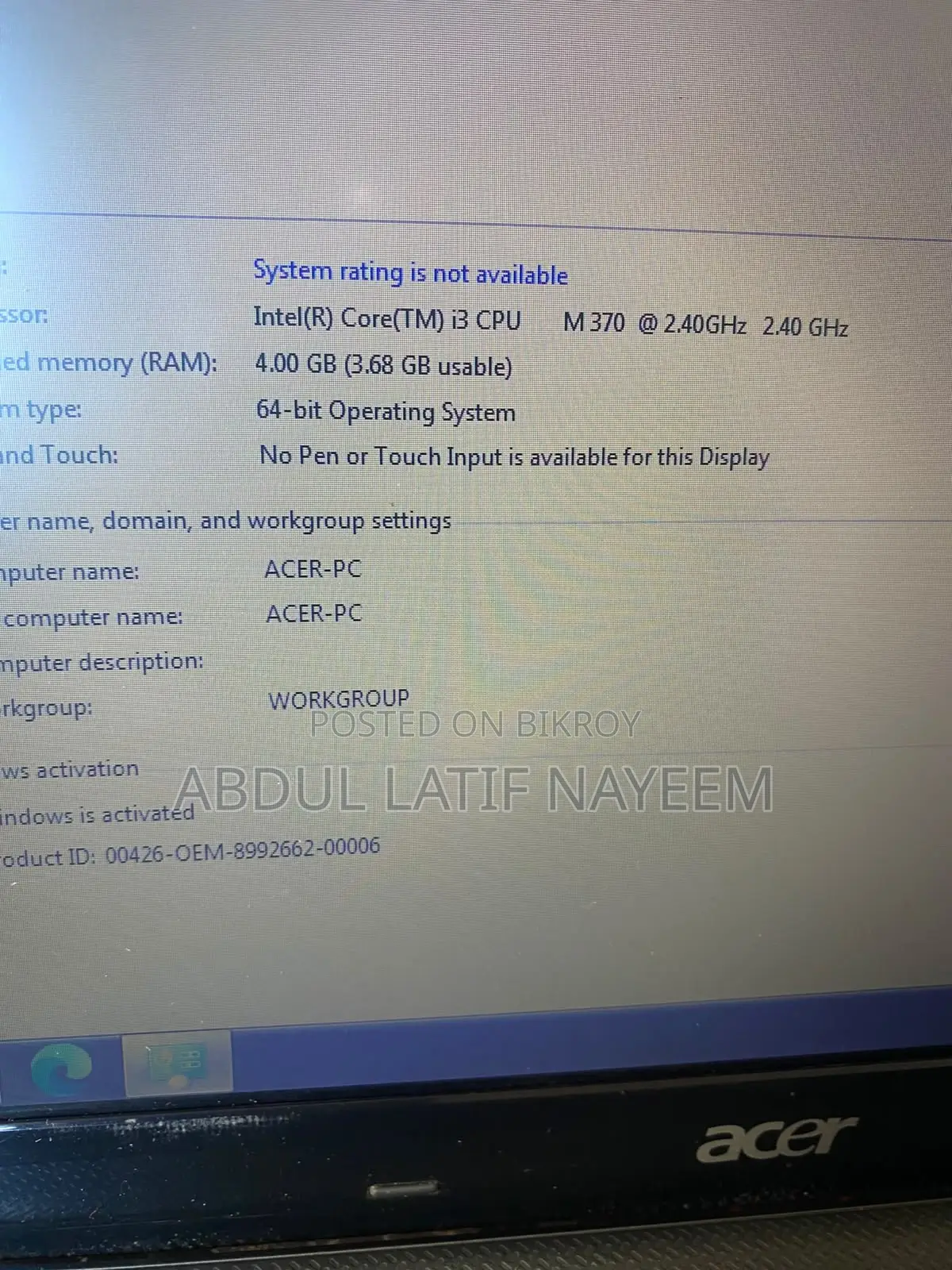 Laptop Acer Aspire 4740 4GB Intel Core i3 HDD 500GB