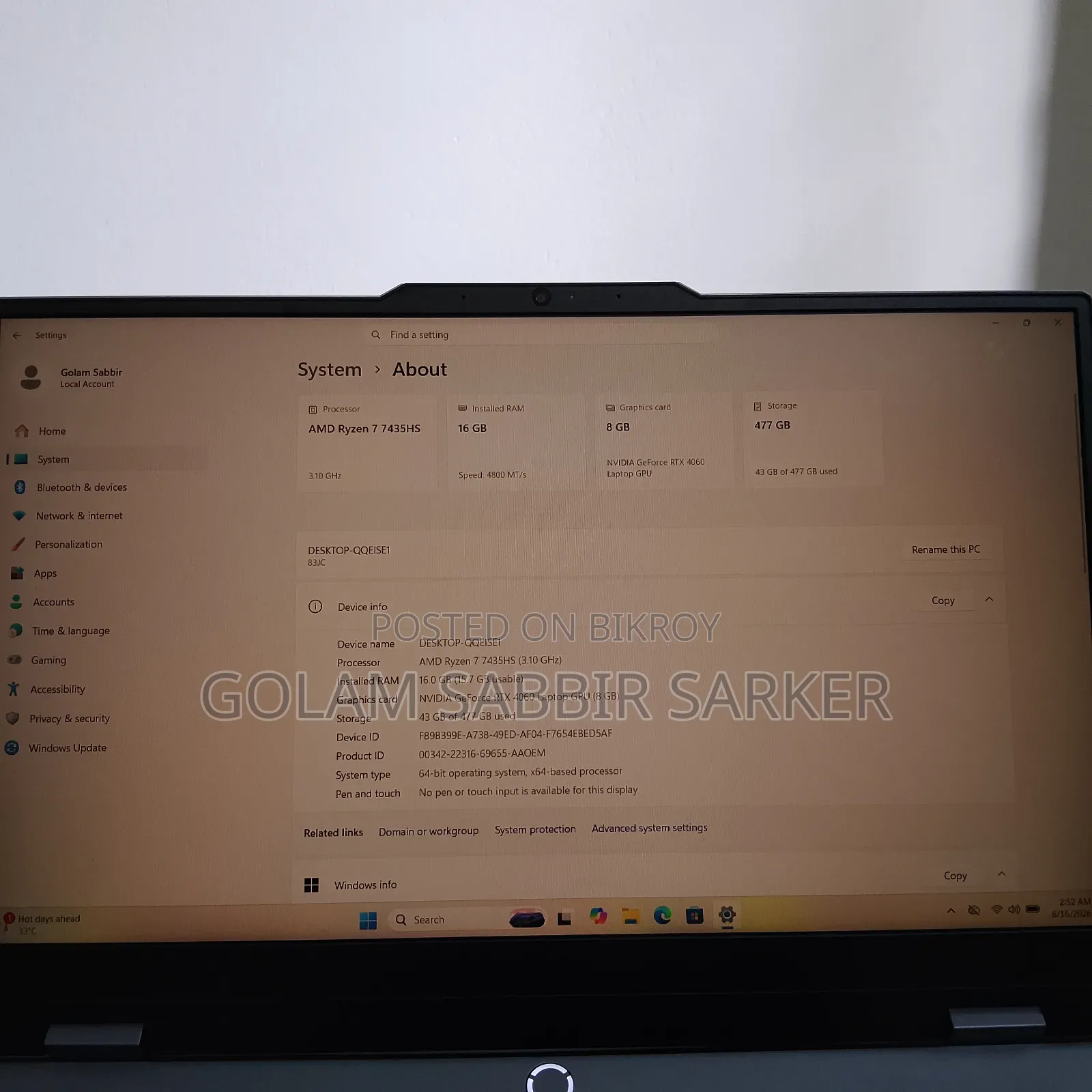 Laptop Lenovo LOQ 15ARP9 16GB AMD Ryzen 7 SSD 512GB