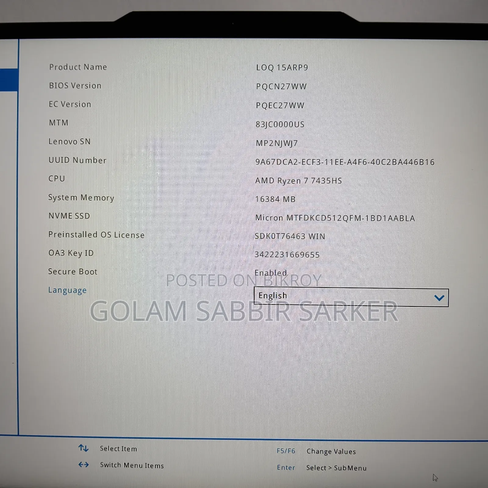 Laptop Lenovo LOQ 15ARP9 16GB AMD Ryzen 7 SSD 512GB