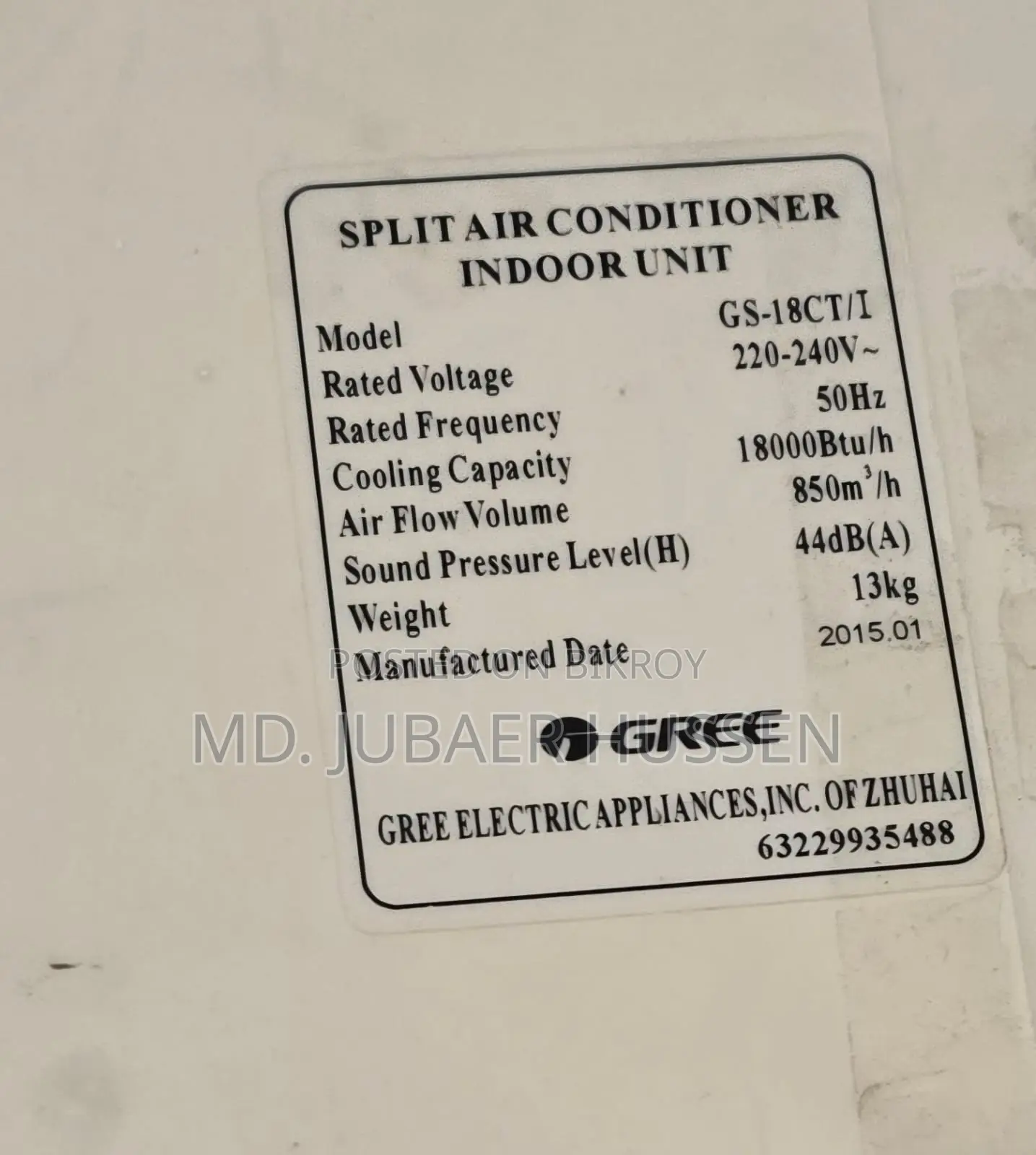 1.5 Ton Gree Ac (Model:- Gs-18ct/I)