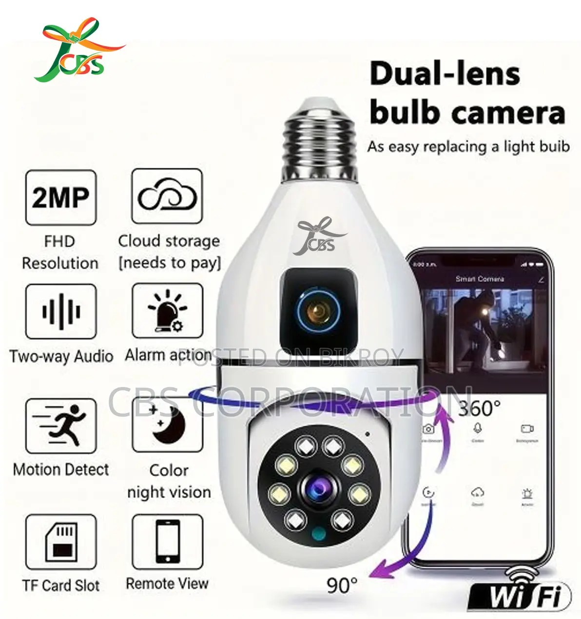 CBS 2MP+2MP HD Dual Lens Bulb Smart WiFi IP Camera