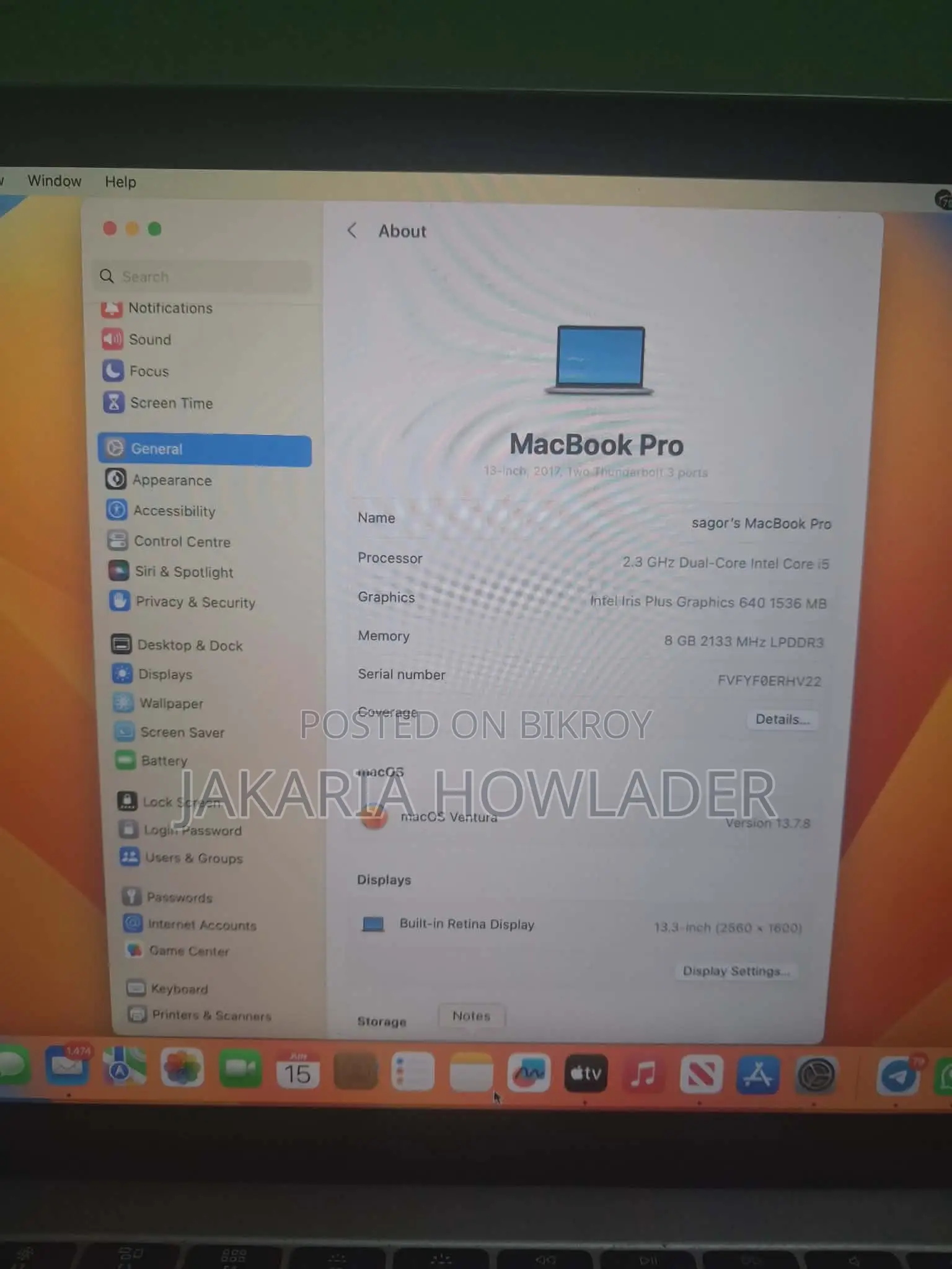Laptop Apple MacBook Pro 2017 8GB Intel Core I5 HDD 128GB