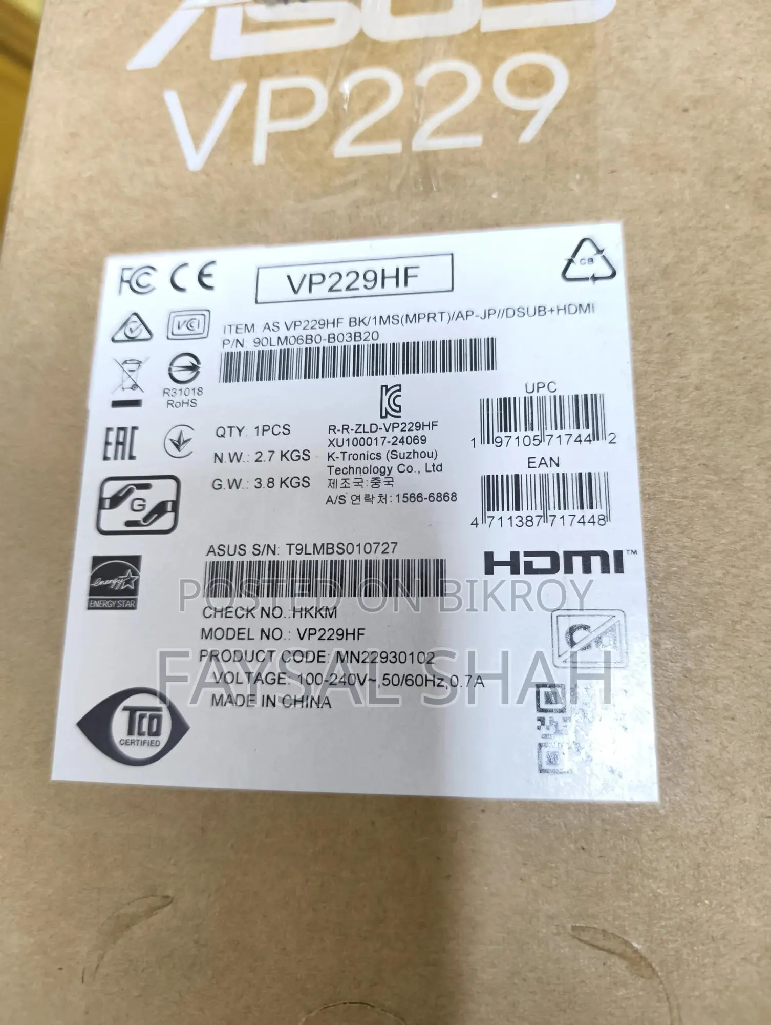Asus Vp229hf 21.45” Ips 100hz Monitor (Brand New Sealed)