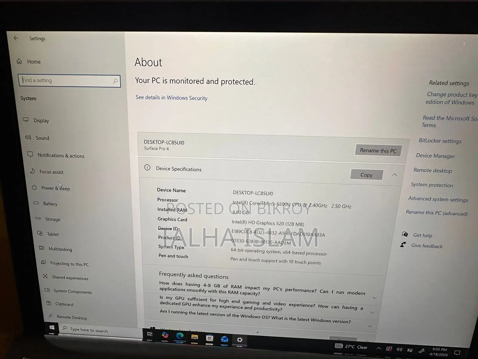 ল্যাপটপ Microsoft Surface Pro 4 4GB Intel Core i5 SSD 128GB