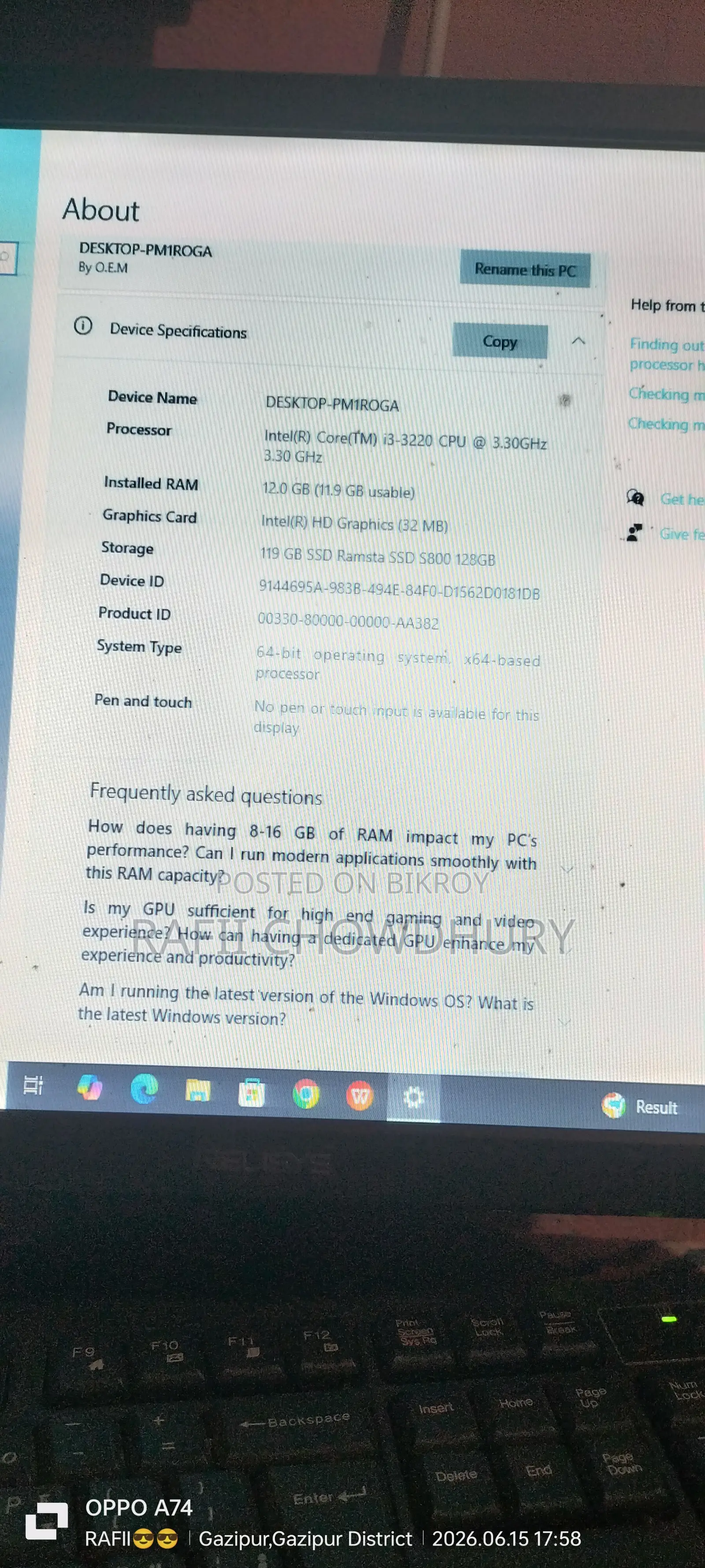 Desktop Computer 12GB Intel Core i3 SSD 128GB