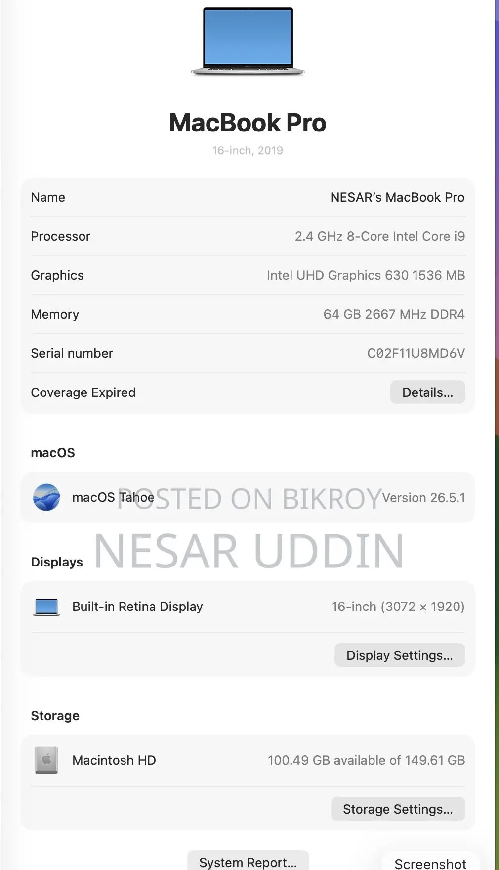 Laptop Apple MacBook Pro 2019 64GB Intel Core I9 SSD 512GB