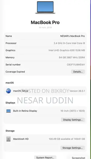 Laptop Apple MacBook Pro 2019 64GB Intel Core I9 SSD 512GB