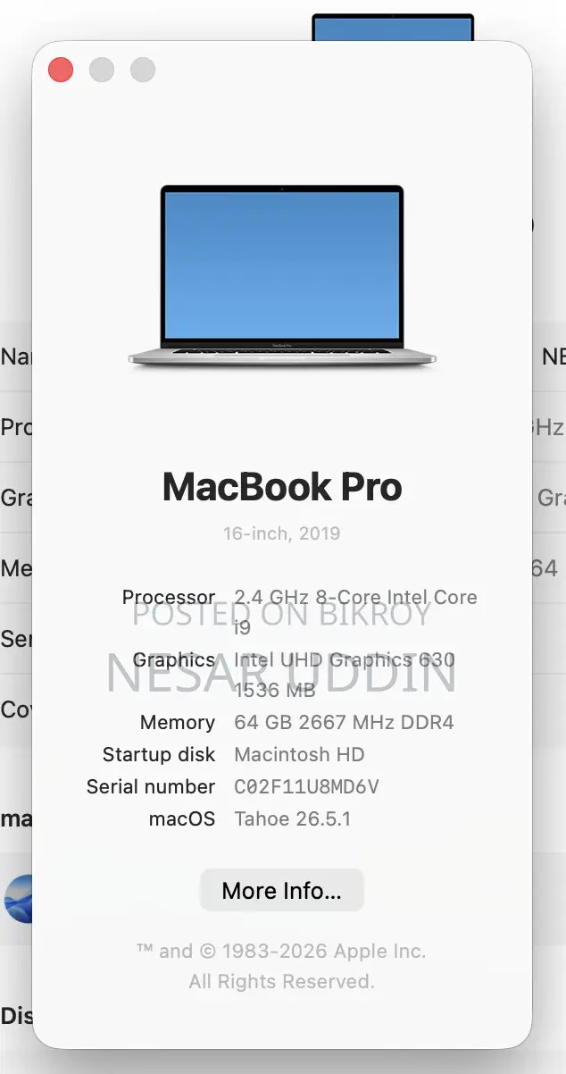 Laptop Apple MacBook Pro 2019 64GB Intel Core I9 SSD 512GB