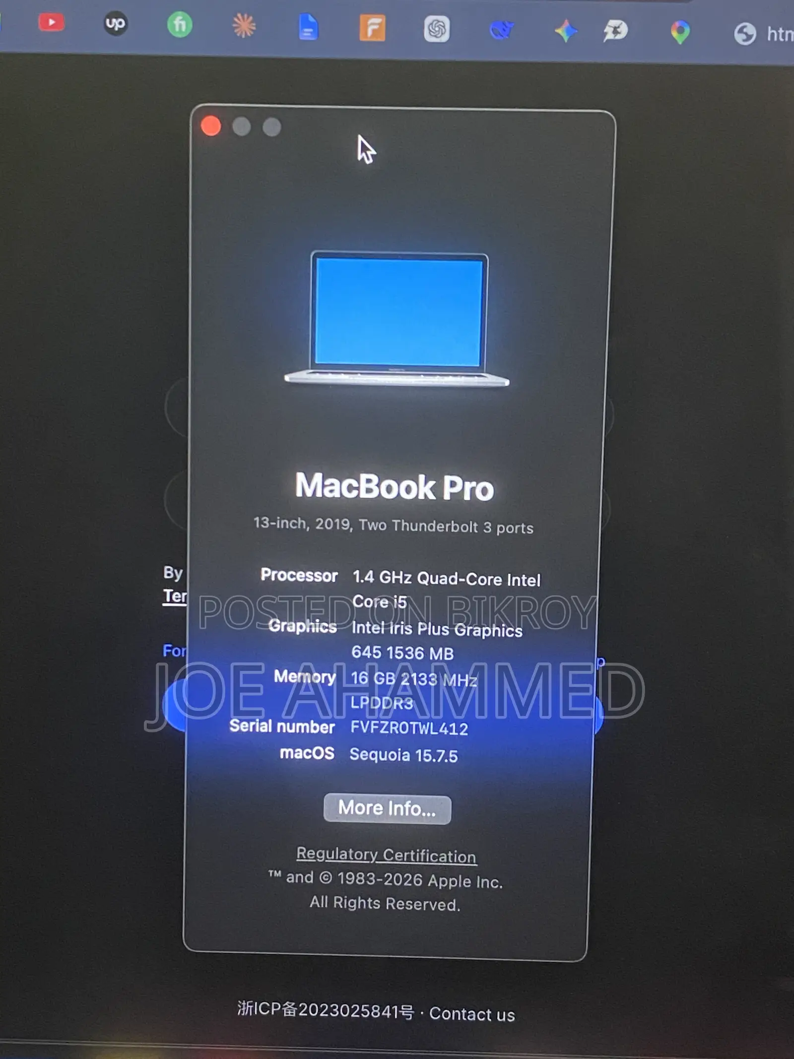 Laptop Apple MacBook Pro 2019 16GB Intel Core i5 SSD 256GB