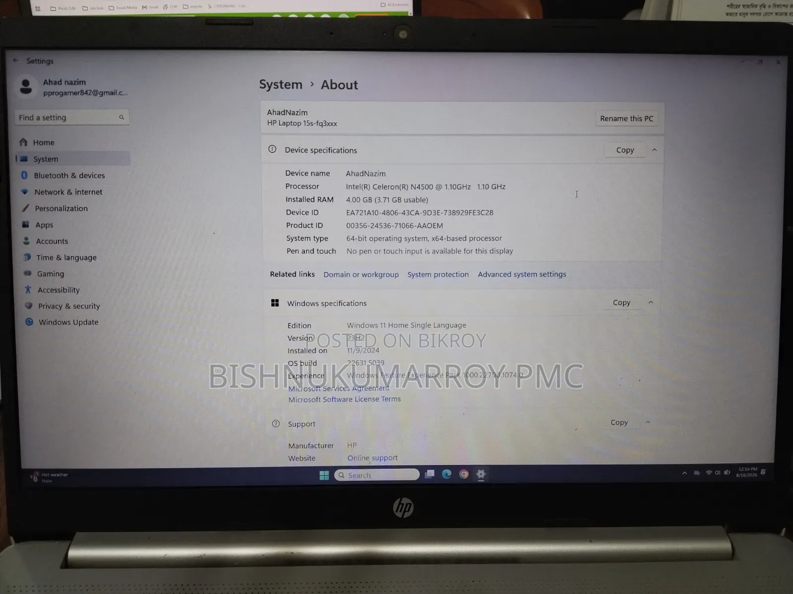 Laptop HP 15s 4GB Intel Core i3 HDD 256GB