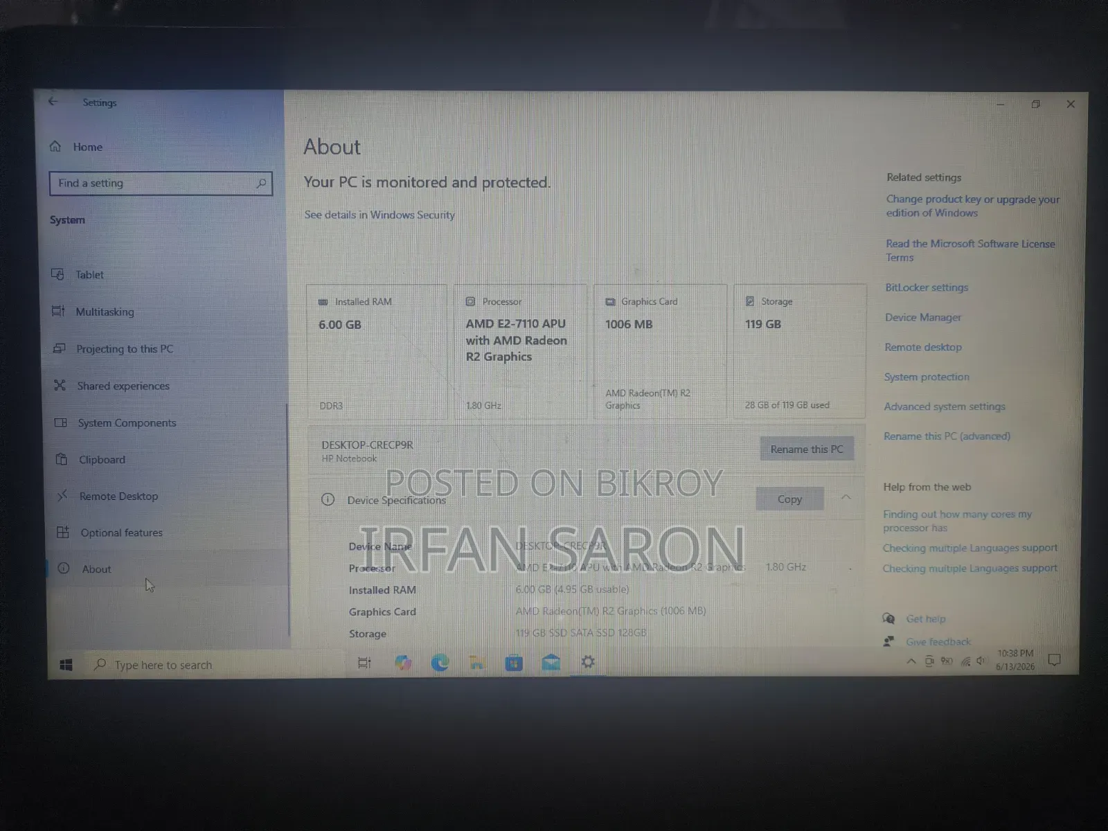 Laptop HP 6GB AMD SSD 128GB