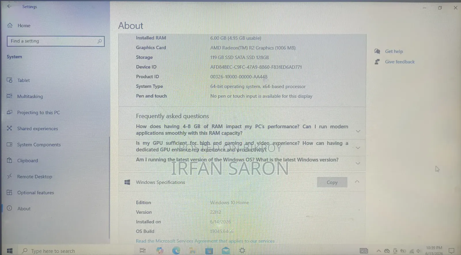 Laptop HP 6GB AMD SSD 128GB