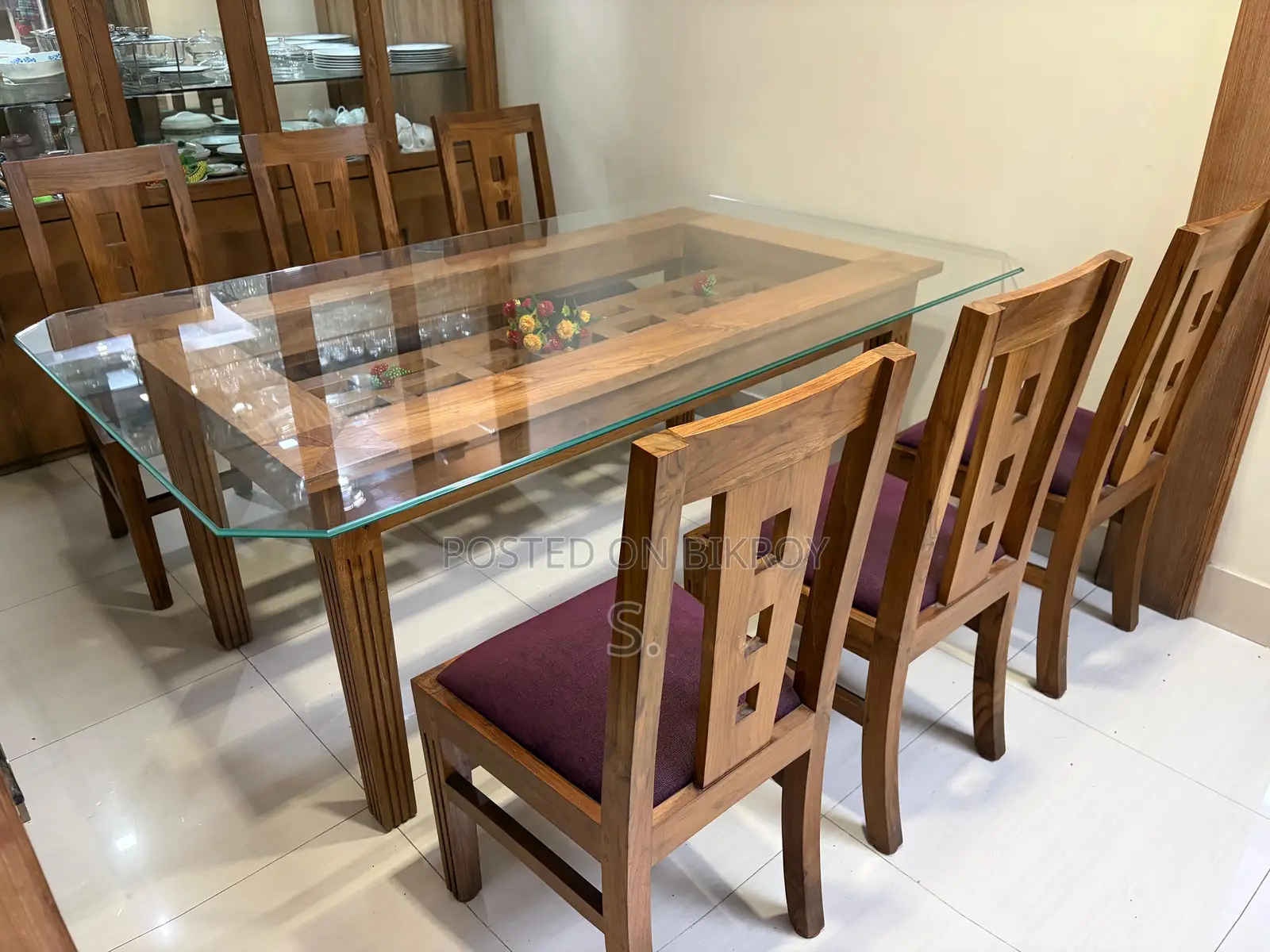 Segun Wood Dining Table+10mm Glass .Segun Wood+6 Seater By+Glass Top